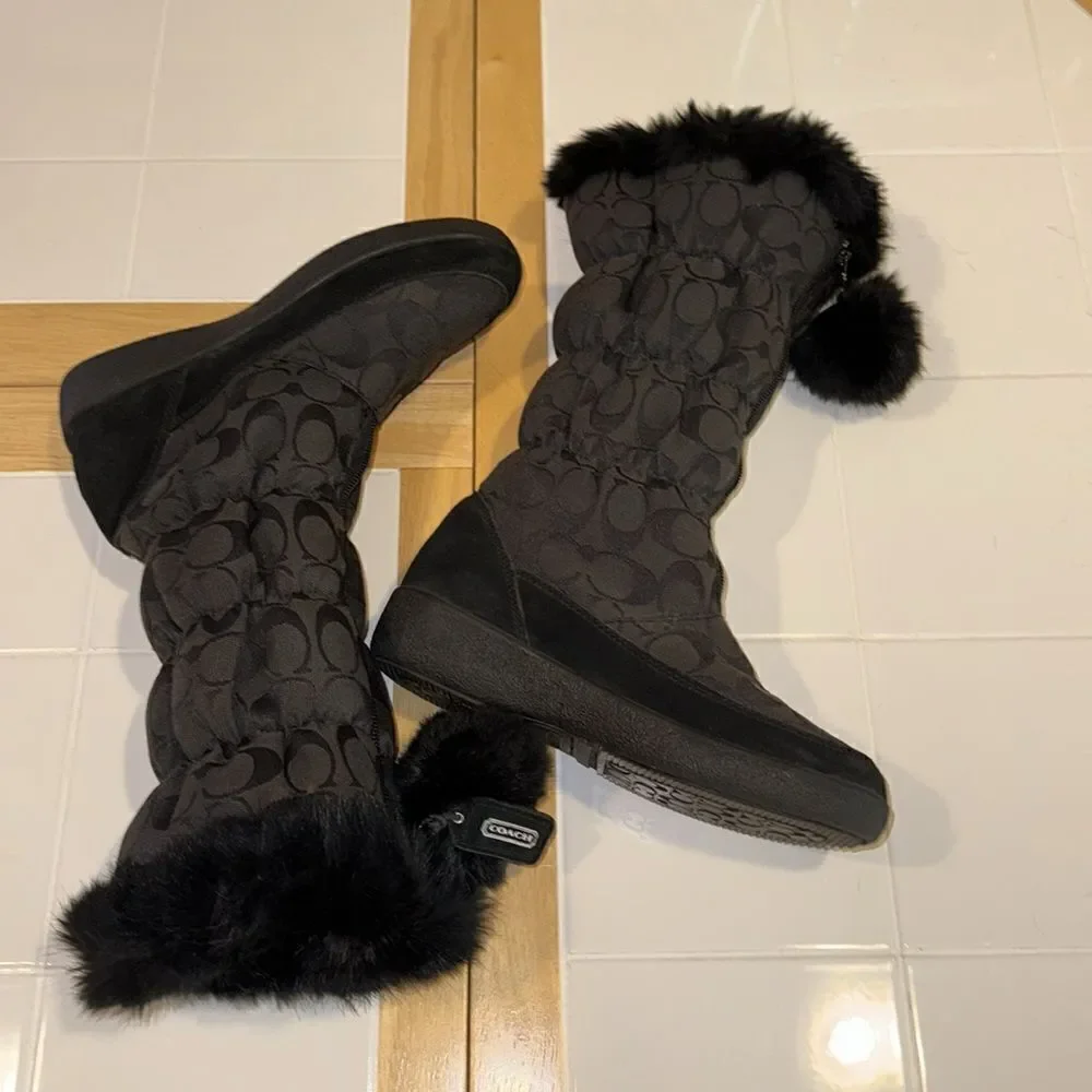 Coach Theona Jacquard Rabbit Fur Trim Zip Up Boots Size 5 1/2 B